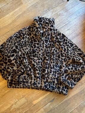 Leopard Print Faux Fur Zip Jacket - Brown Black